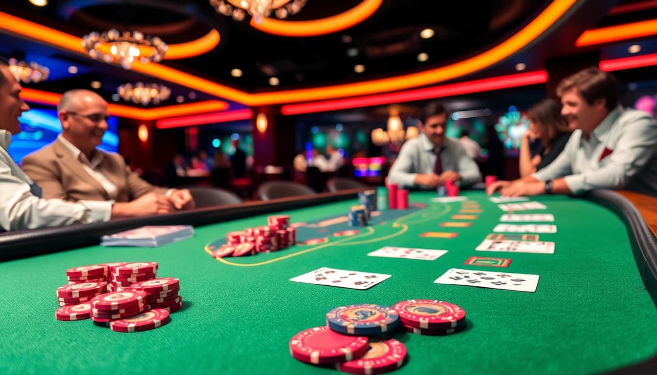 Experience the excitement of Blackjack Casino with players at a lively table, colorful chips, and cards.