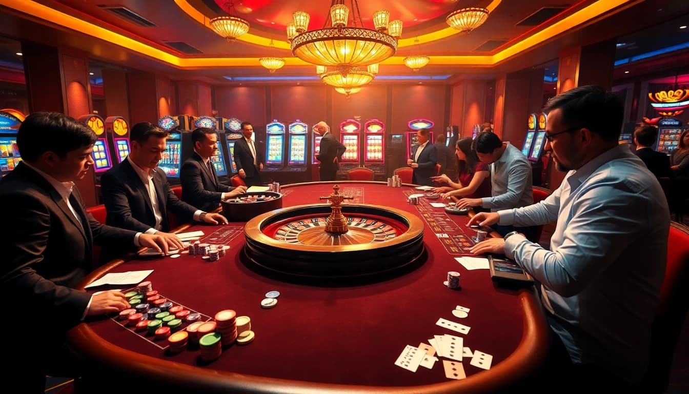 Players winning big at the u888 com casino tables, surrounded by vibrant chips and excitement.