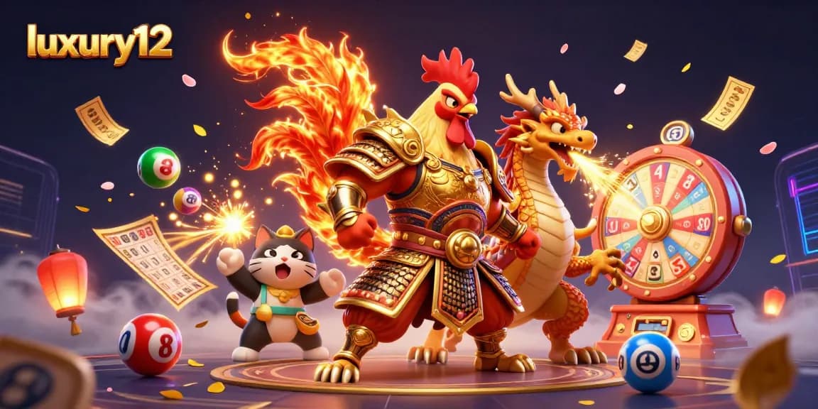 Gambar menampilkan petarung ayam mewah luxury12 di arena judi dengan elemen lotere yang dinamis.