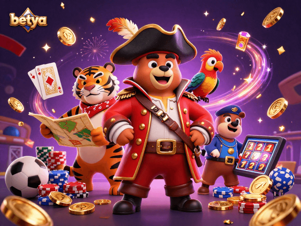 Betya showcases a thrilling 3D illustration of a pirate captain and friends amidst dynamic sports betting elements.