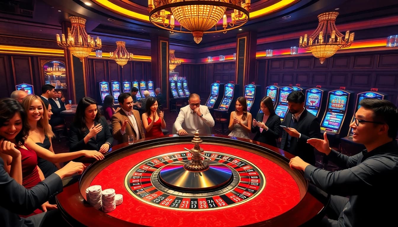Players enjoying vibrant games at mm88 casino with roulette and colorful slot machines.