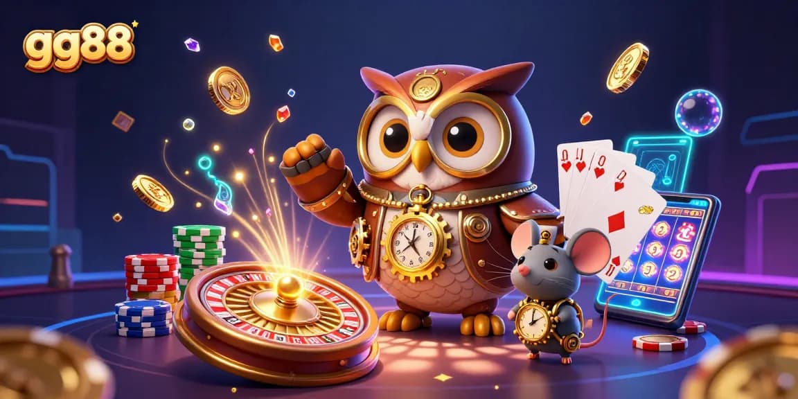 Spin and win big at gg88 with our cartoon owl and clockwork mouse in a vibrant casino adventure.