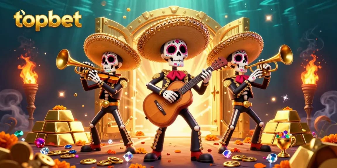 Bet on topbet with vibrant 3D cartoon mariachi skeletons celebrating casino wins.