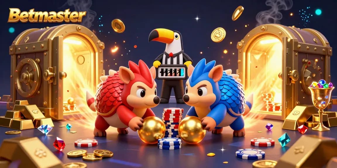 Join the excitement at Betmaster where rival pangolins roll golden balls and deal poker, amidst treasures and gems.