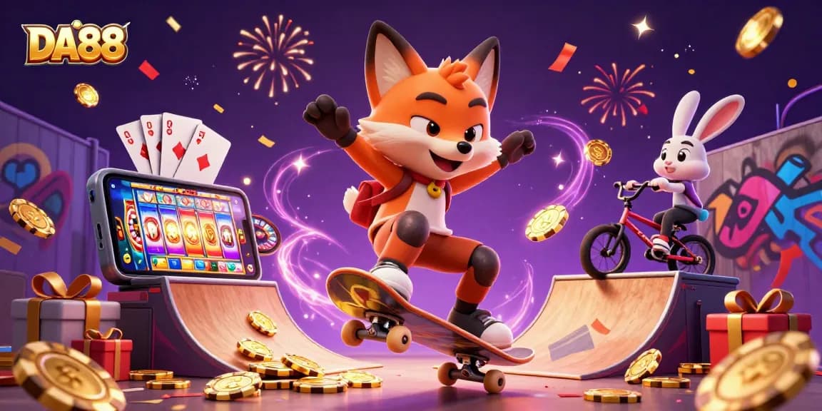The DA88 3D fox skateboarder performs a kickflip amidst vibrant casino symbols and dynamic gaming elements.
