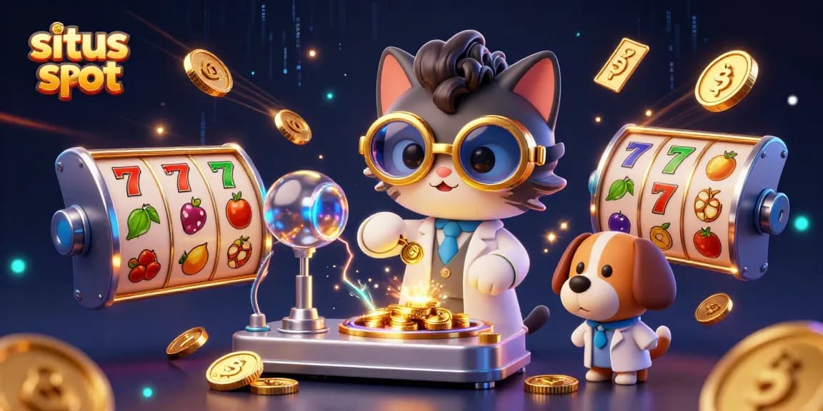 Situs slot showcasing a lively 3D scene with cartoon characters, slot reels, and jackpots generating excitement
