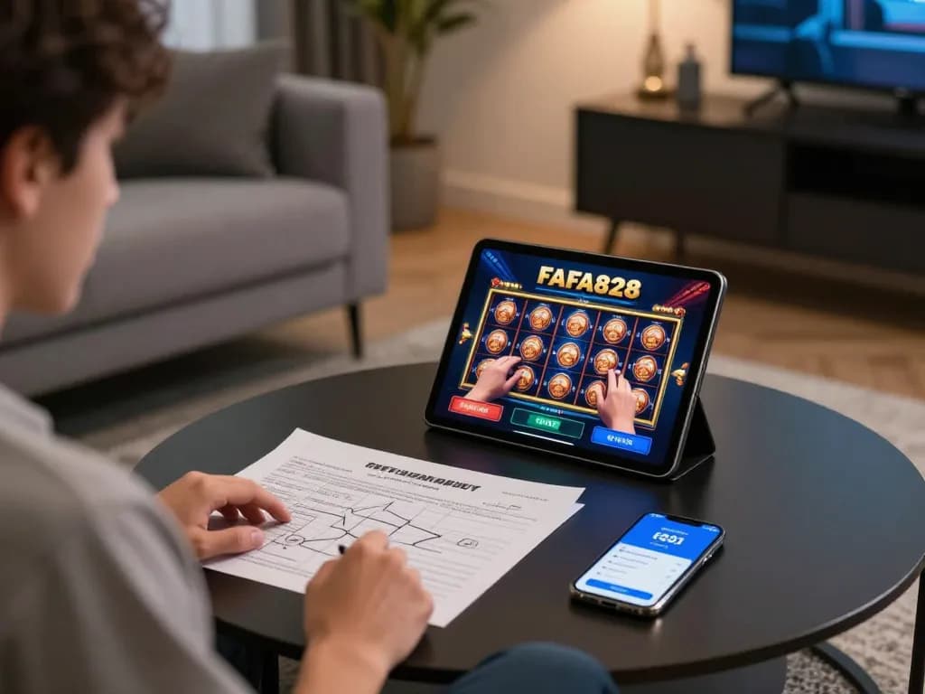 ผู้เล่น FAFA828 ที่มีส่วนร่วมกับสล็อตที่มีความเคลื่อนไหวบนแท็บเล็ตในบรรยากาศบ้านที่สะดวกสบาย