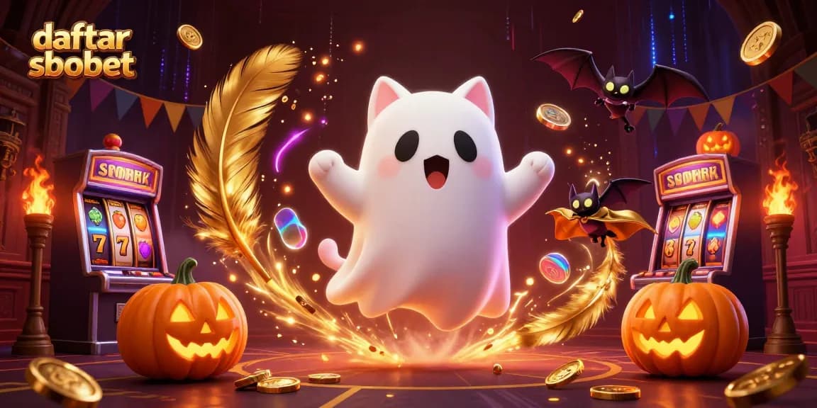 Experience daftar sbobet with a lively ghost cat gambling in a haunted casino scene.
