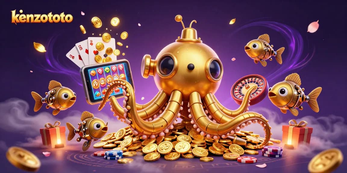 Enjoy thrilling wins at kenzototo with a dynamic 3D scene of a golden kraken and gaming elements.