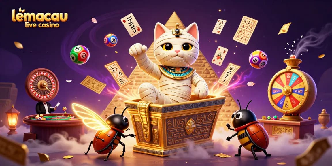 Experience thrilling gameplay at lemacau live casino with a mummy cat and scarab beetle in a vivid casino scene.