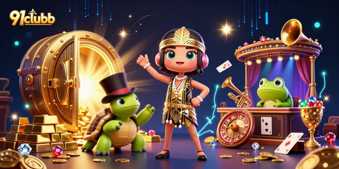 A playful scene with 91clubb characters at a casino, featuring a crane, turtle, and frog among gold and jewels.
