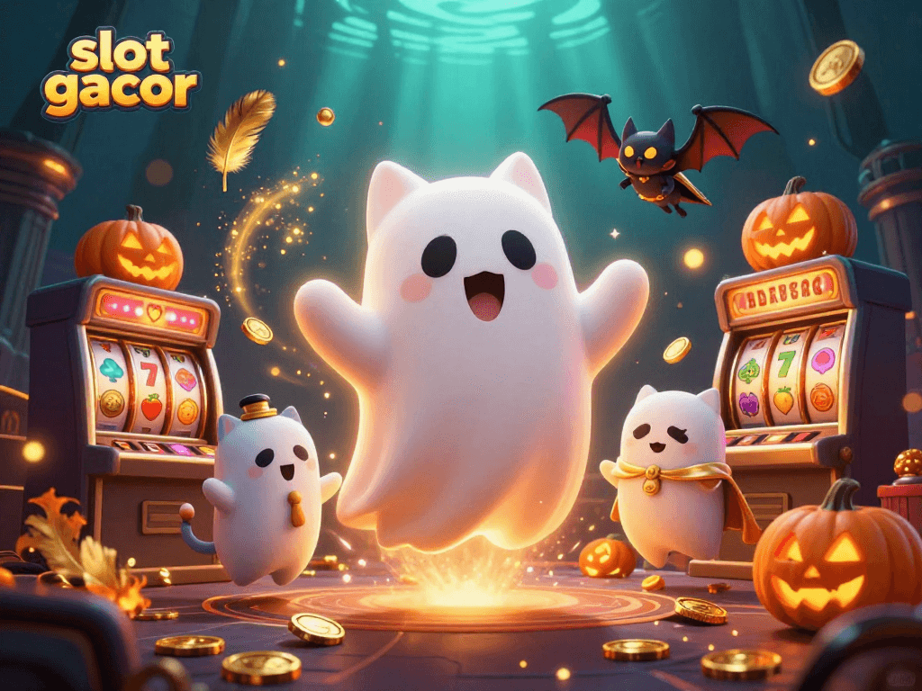 Explore slot gacor features with a playful ghost cat and vibrant casino elements in a haunted mansion.