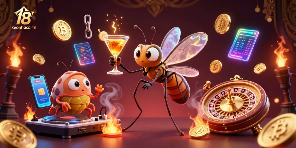 Bet on excitement with keonhacai 18, featuring a lively casino scene with unique characters.