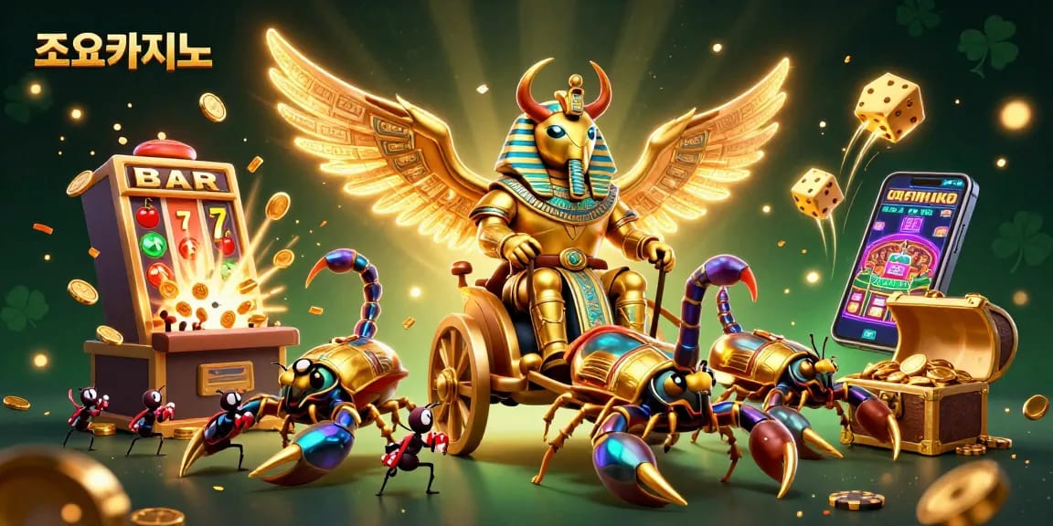 Experience thrilling gameplay at 조이카지노 with golden scarab beetles and a slot machine jackpot explosion.