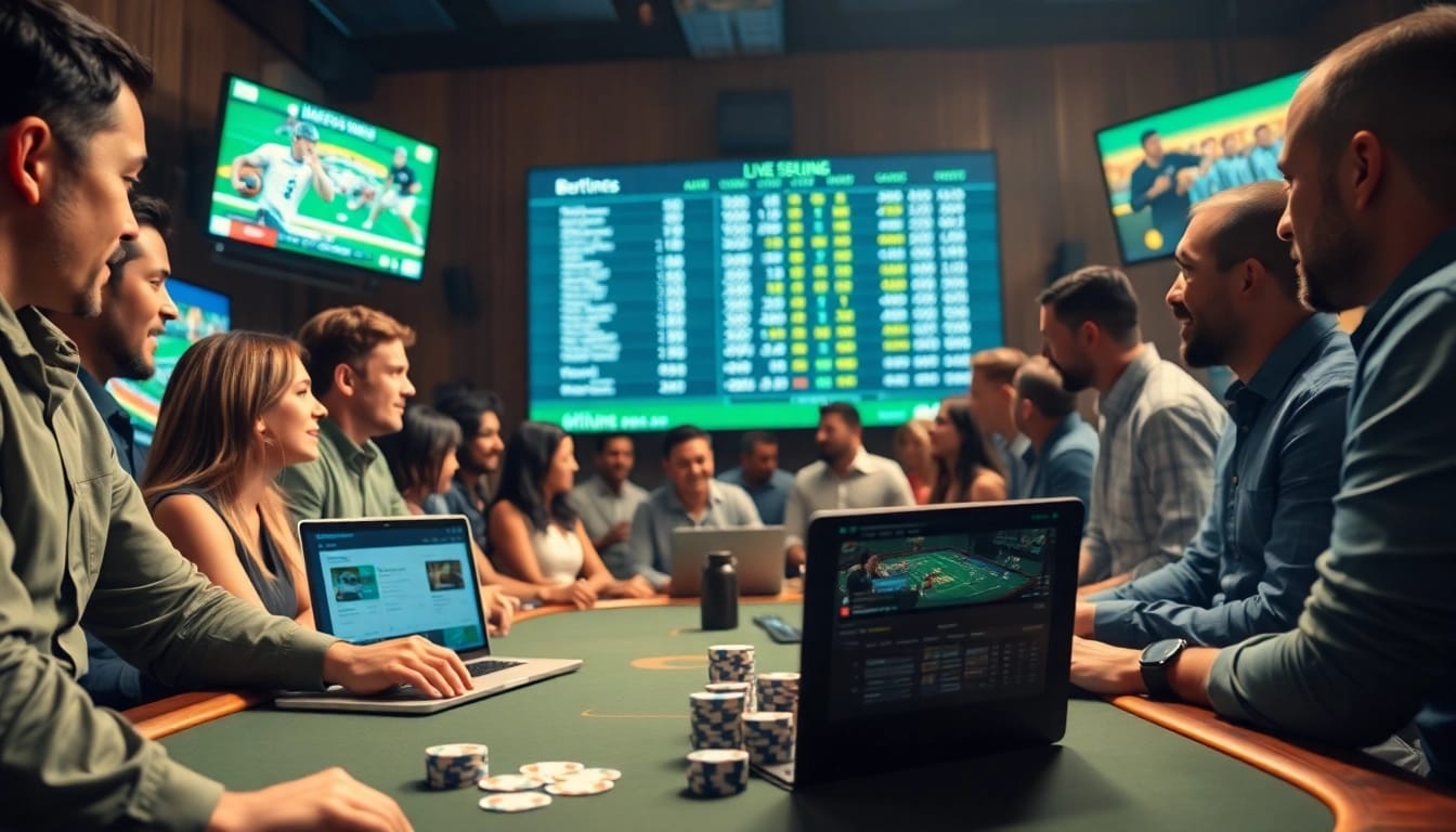 Engaging scene showcasing online Betting with diverse individuals enjoying live sports wagers.
