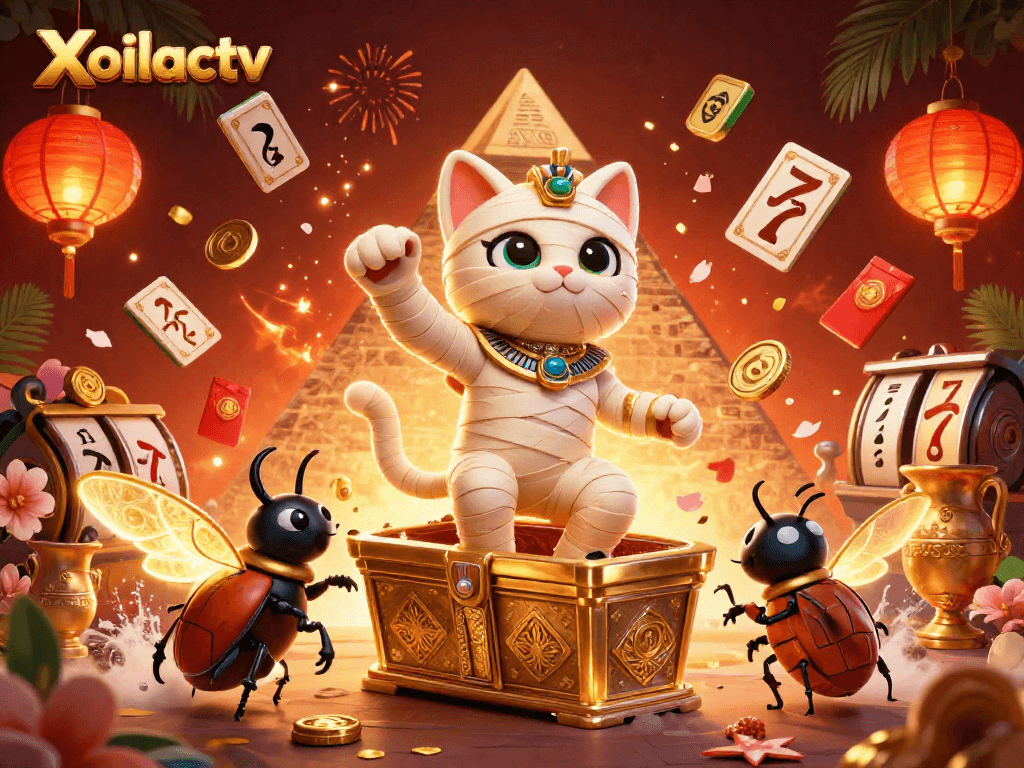 Xoilactv immerses players in a vibrant pyramid casino experience with a 3D mummy cat and jackpot elements.