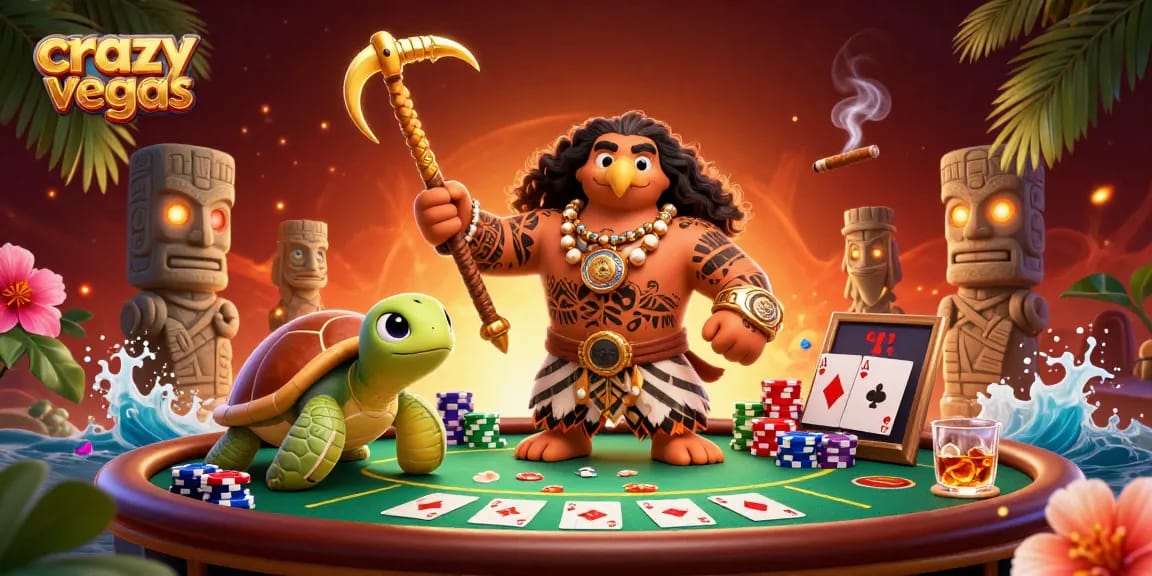 Crazyvegas' vibrant scene featuring a tattooed hawk and turtle by a hip poker table.