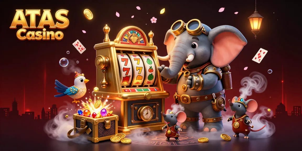 Spin the golden slot machine at ATAS Casino with vibrant steampunk characters in a thrilling 3D gaming scene.