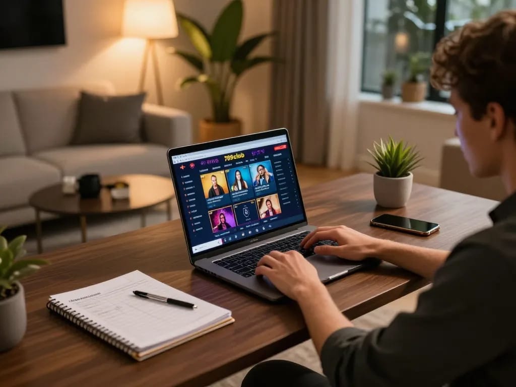 Player engaging with interactive 789club online game on laptop in a stylish home office.