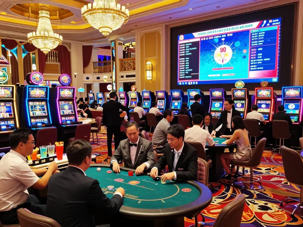 Dynamic casino hong kong gaming floor with enthusiastic players and vibrant lights, capturing excitement.