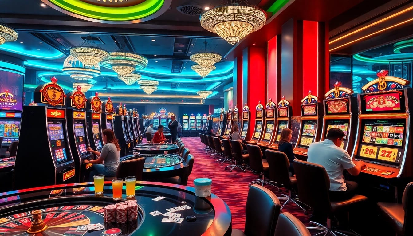 Play exciting qqmacan slot games in a vibrant casino setting with engaging players and neon lights.