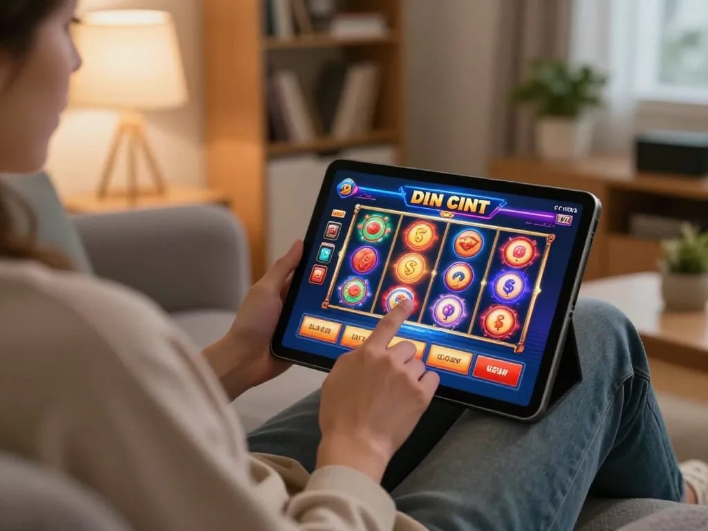 Engaging gameplay experience at 88bet casino with vibrant slot action displayed on a tablet in a cozy home environment