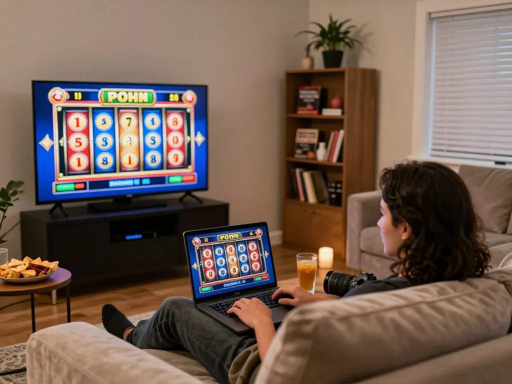 Engaging with online casinos in Canada while relaxing at home on a cozy couch.