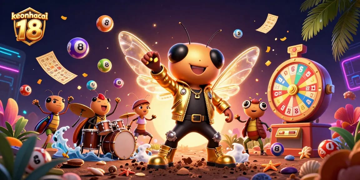 Engage with keonhacai 18's vibrant lottery scene featuring colorful dynamic elements and energetic characters.