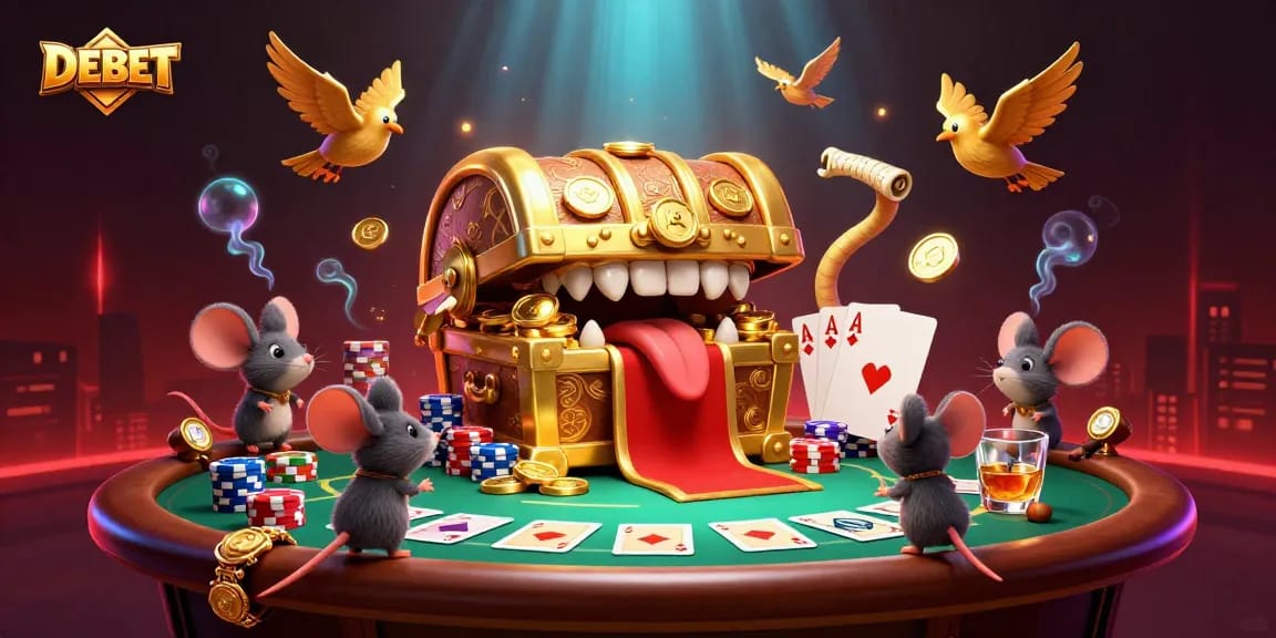 Engage with the exciting DEBET casino experience featuring a treasure chest and poker elements.