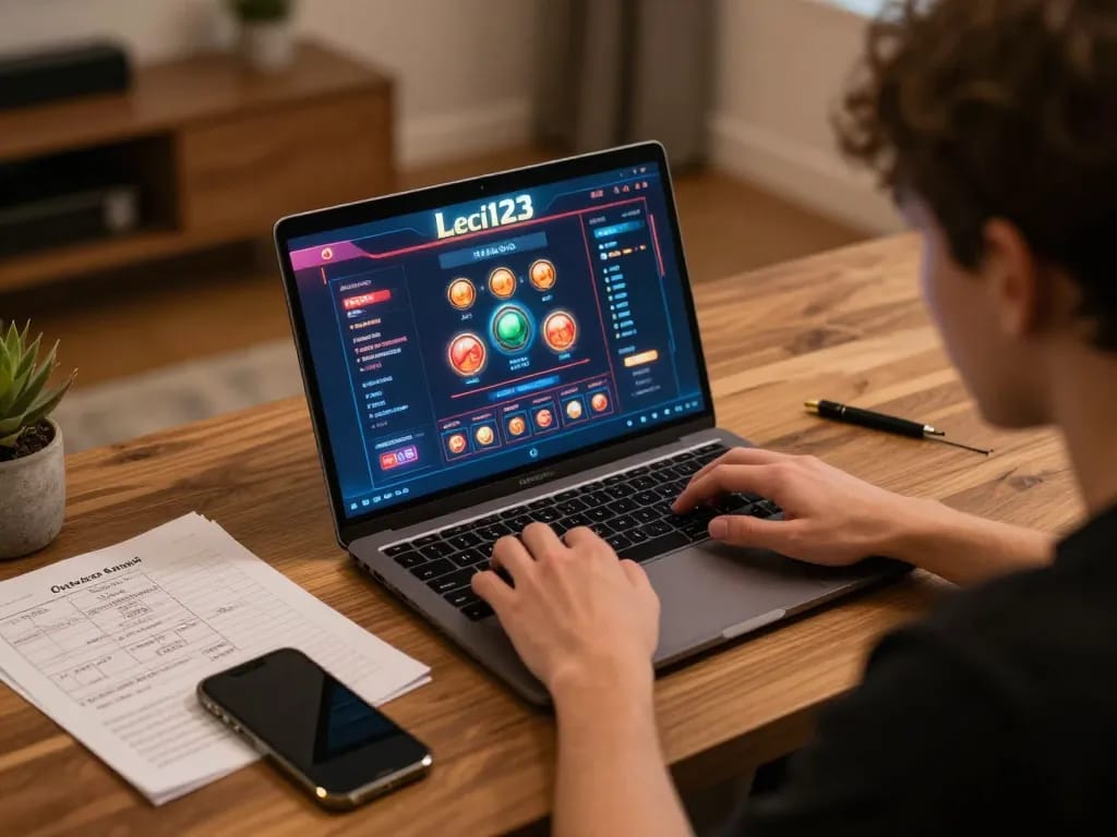 Leci123 player engaging intensely with online casino interface on laptop, strategy notes visible.