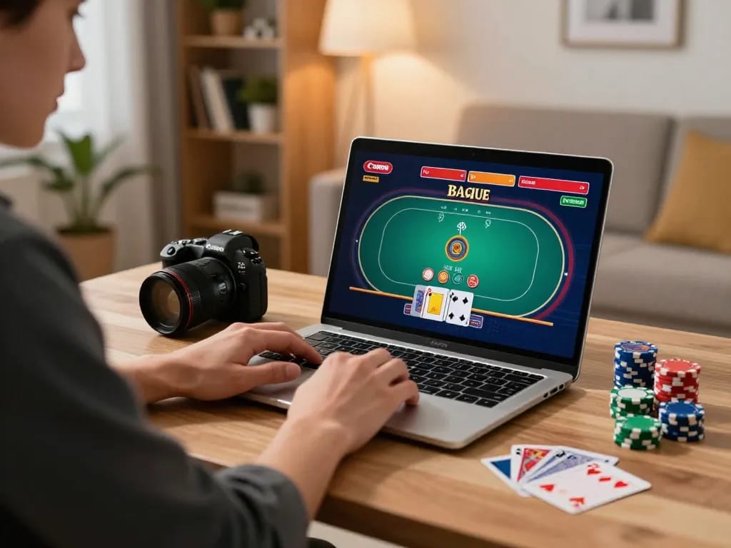 Player engaged in online poker on 23win with chips and cards displayed at stylish home setup.