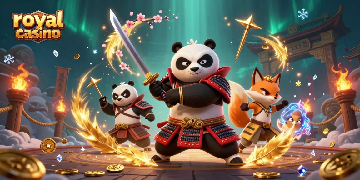 Engage in thrilling gameplay at royal casino with vibrant characters battling amid gold coins and dynamic casino elements.