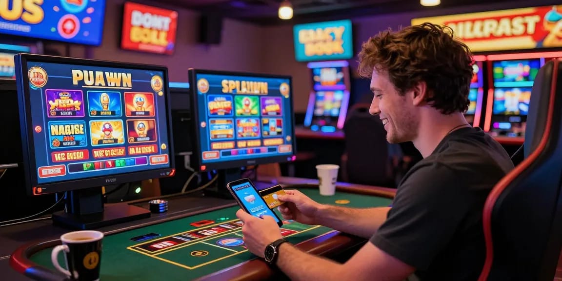 Engaged player at a credit card casino enjoying gameplay on a mobile device with vibrant slot games displayed, as highlighted at https://brcs.co.uk/.