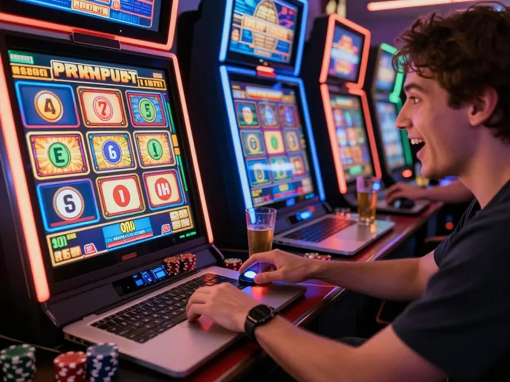 Seorang pemain menekan tombol putar pada mesin slot online yang berwarna-warni, menangkap kegembiraan dalam permainan digital.
