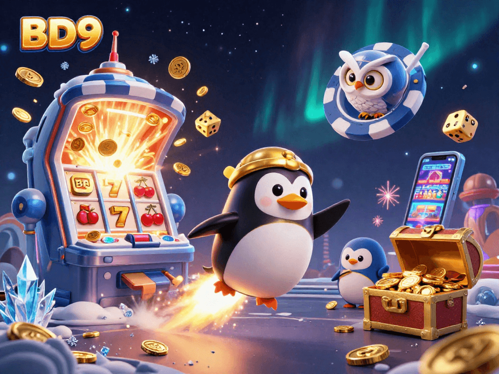 Blast off with BD9's golden penguin in a vibrant casino universe, showcasing thrilling gaming elements.