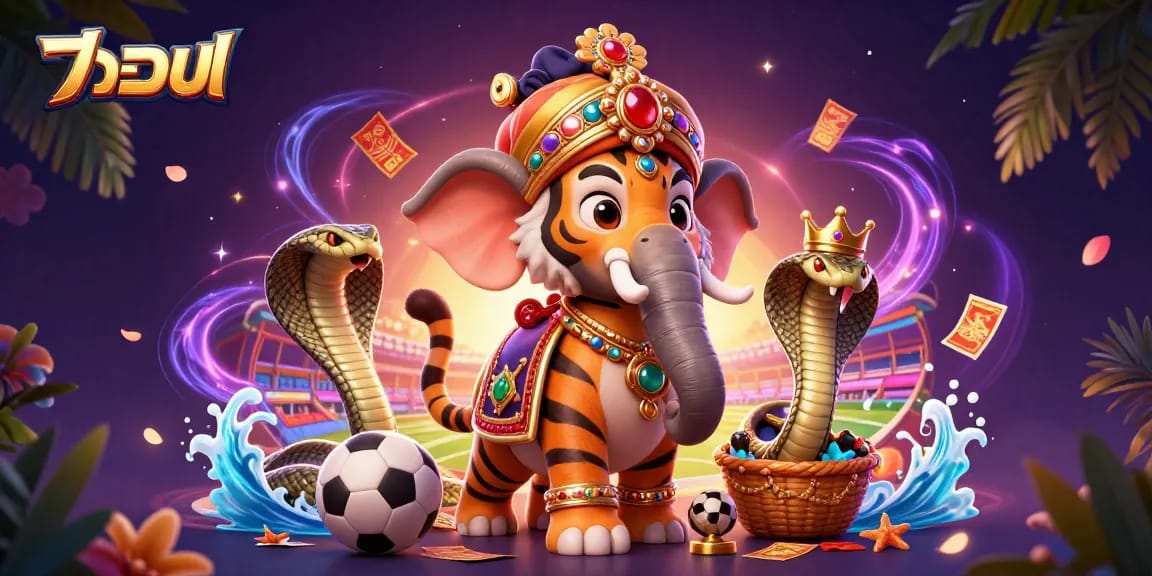 แทงบอล with vibrant sports betting scene featuring a maharaja tiger, jewel-encrusted elephant, and energetic elements.