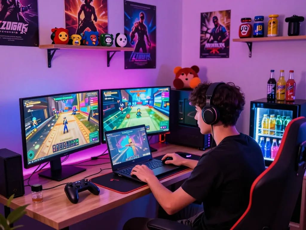 Engaged gamer playing an exciting porngame in an immersive gaming setup.