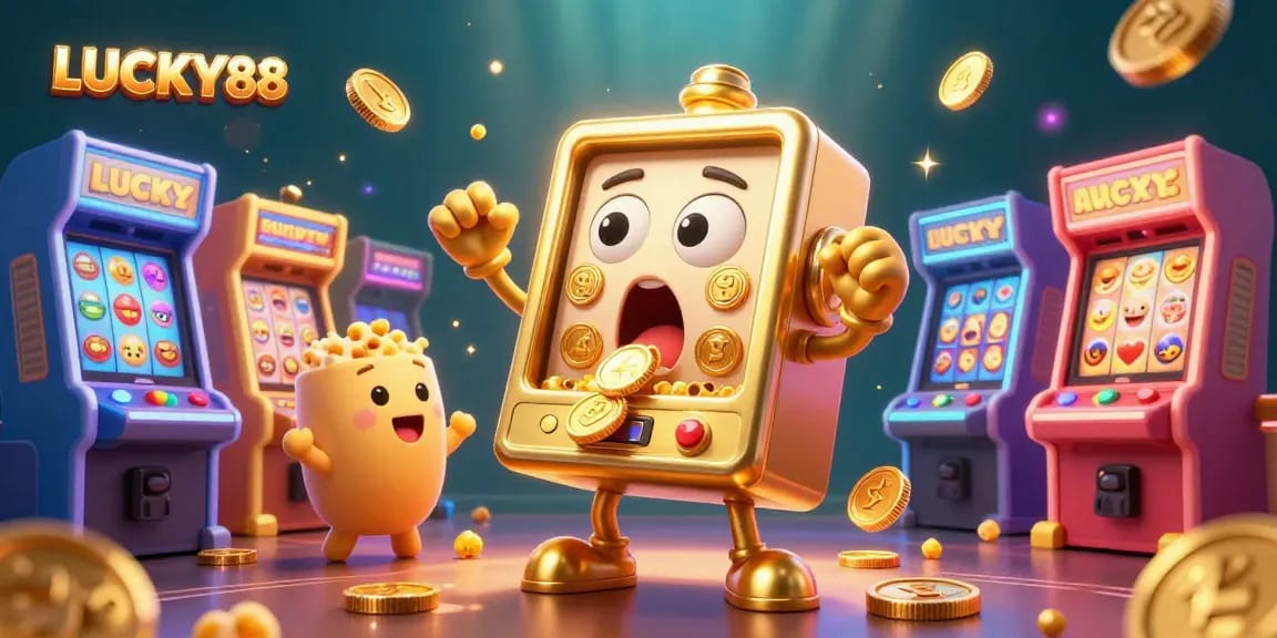LUCKY88 slot machine celebrating a jackpot win with baby slots and popcorn, embodying casino excitement.