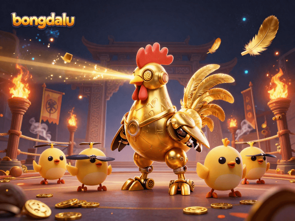 Bongdalu's retro-futuristic golden rooster robot engages in a vibrant casino battle