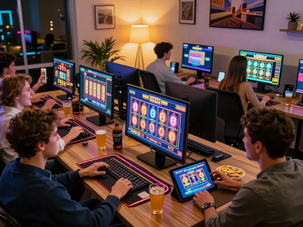 Slot gacor hari ini adegan permainan dengan beragam pemain yang menikmati slot online dan kemenangan.