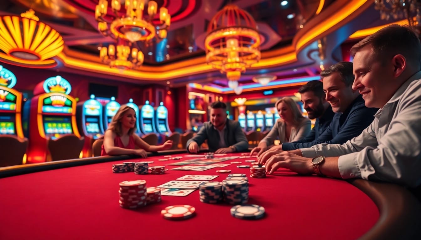 Players enjoying an exciting Casino poker game at a vibrant table with colorful chips and cards