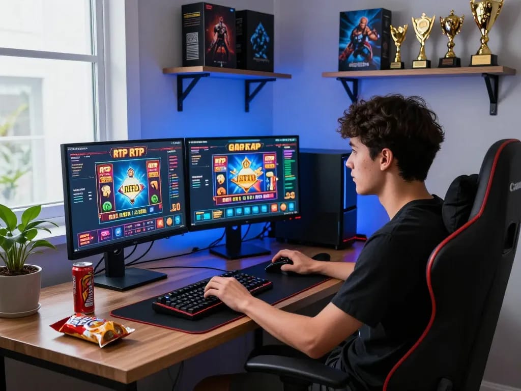 Enthusiastic gamer enjoying slot gacor games at a modern home office with vibrant screen displays.