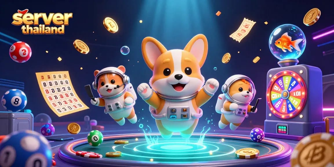 Engage with the exciting world of server thailand in a vivid casino scene filled with floating prizes and joyful characters.