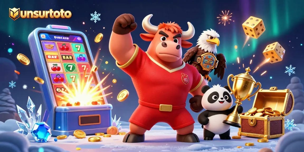 Experience the excitement of unsurtoto with a victorious bull mascot, an eagle, and a panda in a vibrant casino scene.