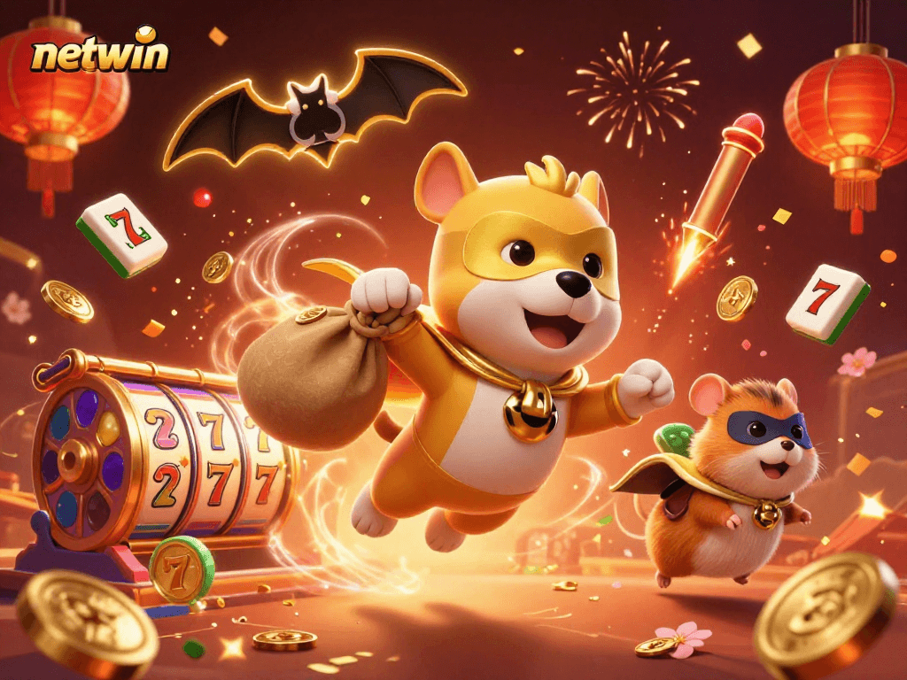 Experience the thrilling world of netwin with this vibrant casino illustration featuring a heroic dog and lucky symbols.