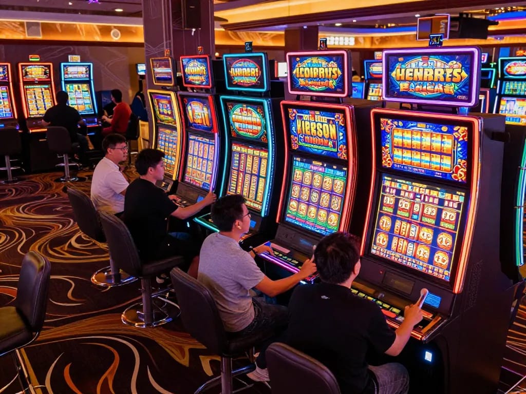 Players celebrating big wins on slot mahjong machines in a lively casino slot area