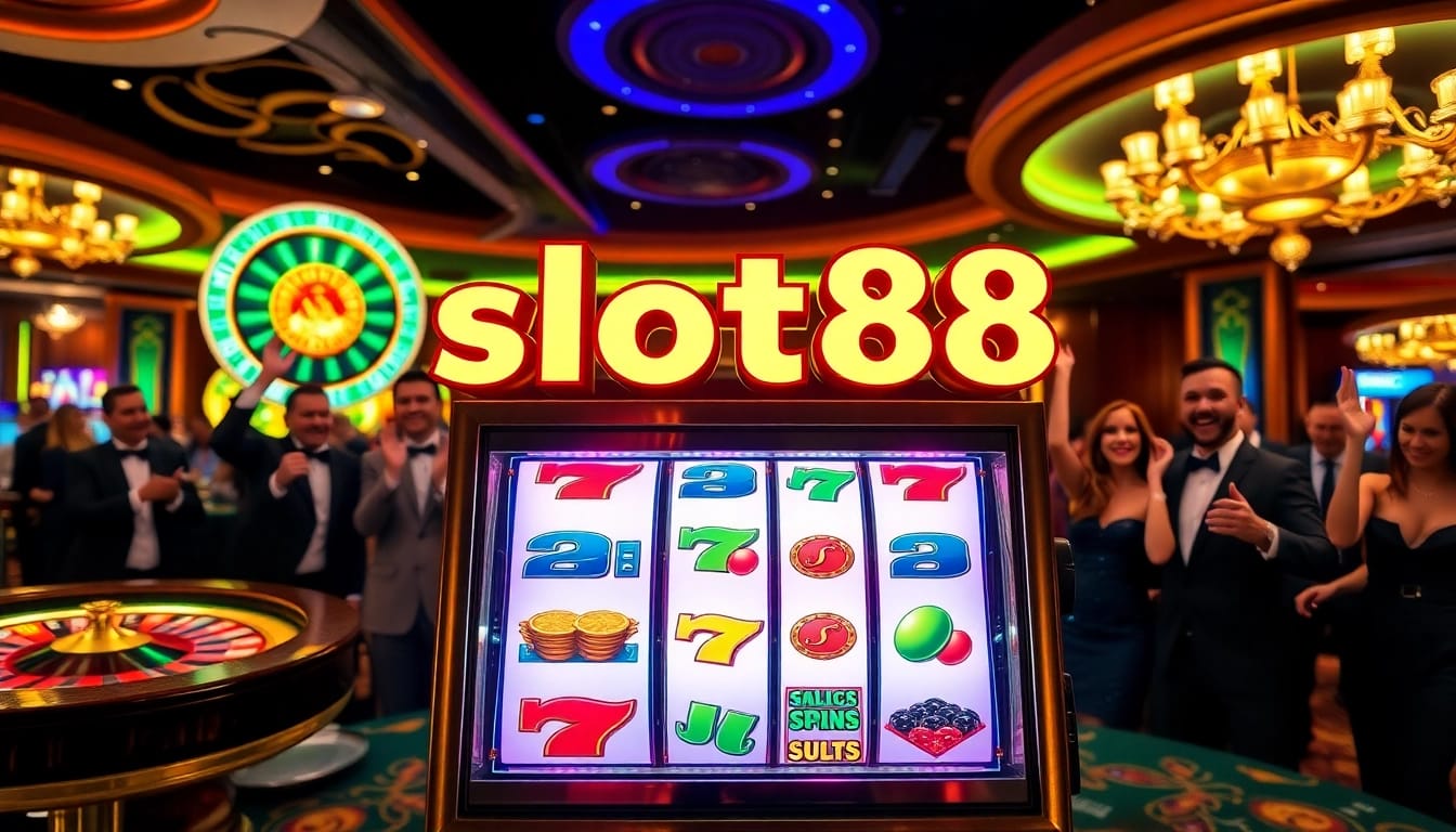 Engaging players celebrating winnings at a vibrant slot88 machine in a luxurious casino.