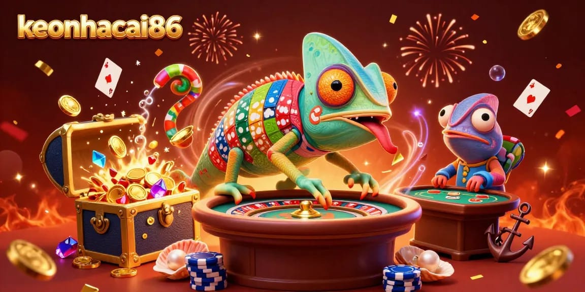 Engaging illustration featuring keonhacai86's chameleon casino owner surrounded by dynamic gambling elements.