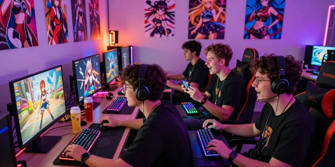 Engaging scene of friends playing hentai games in a vibrant gaming room filled with anime decor.
