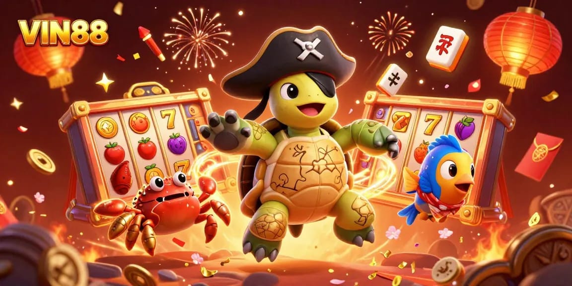 Engage with thrilling VIN88 slot games as a turtle, crab, and parrotfish celebrate over treasures.